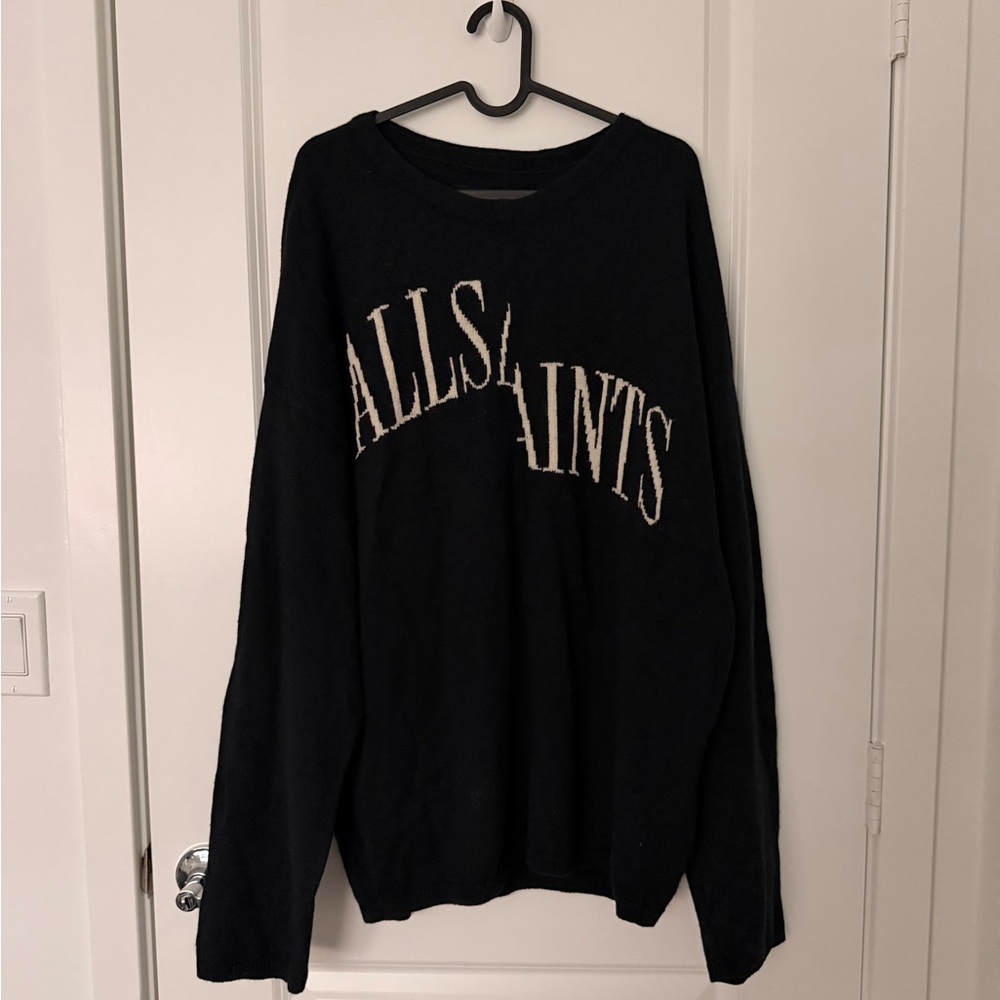 All Saints Black Crewneck Sweater with White Logo